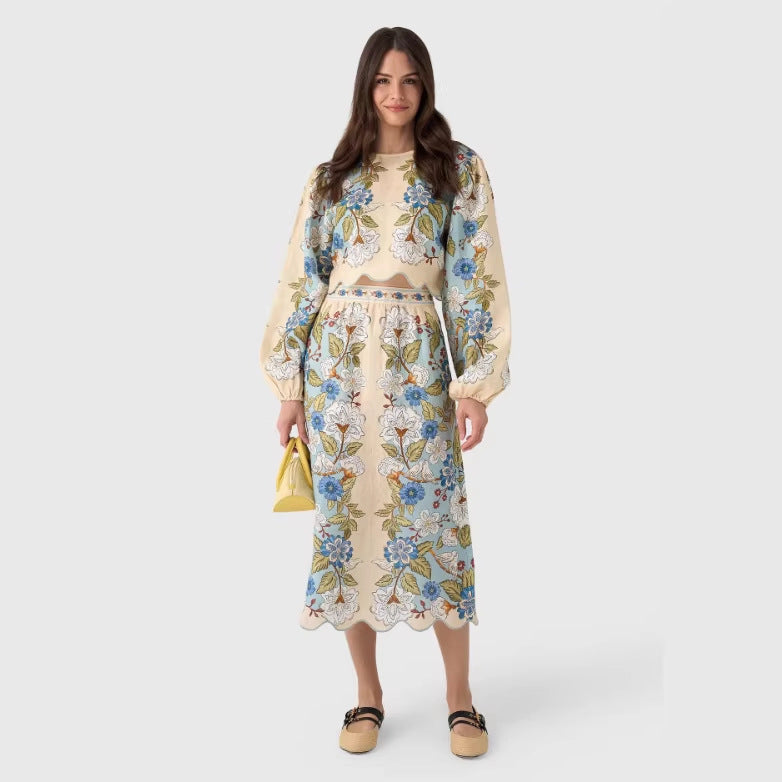 Elegant Floral Printed Two-Piece Skirt Set