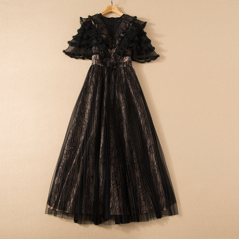 Elegant Lace Mesh Pleated Maxi Dress