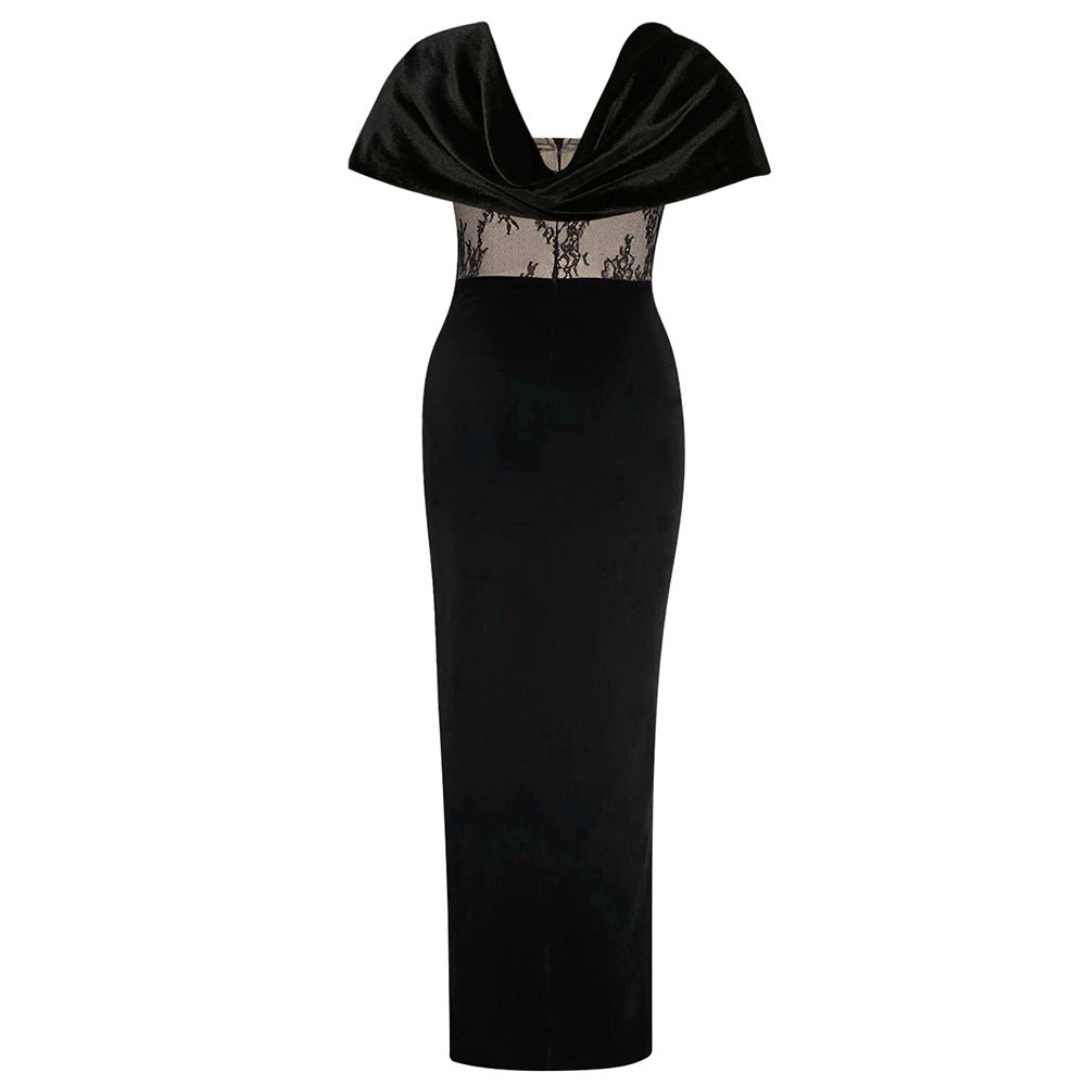 Elegant Lace Shawl Split Evening Maxi Dress