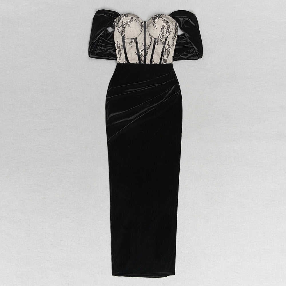 Elegant Lace Shawl Split Evening Maxi Dress