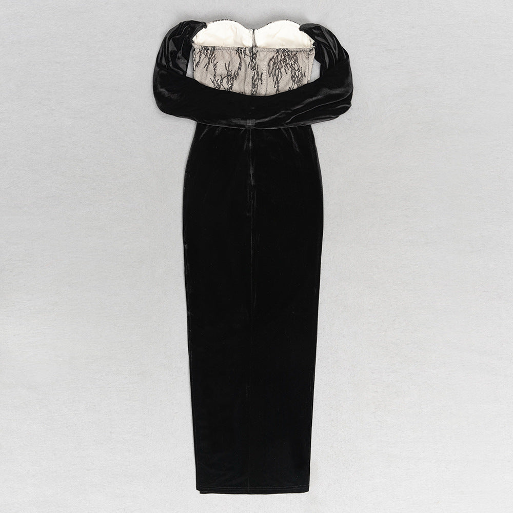 Elegant Lace Shawl Split Evening Maxi Dress