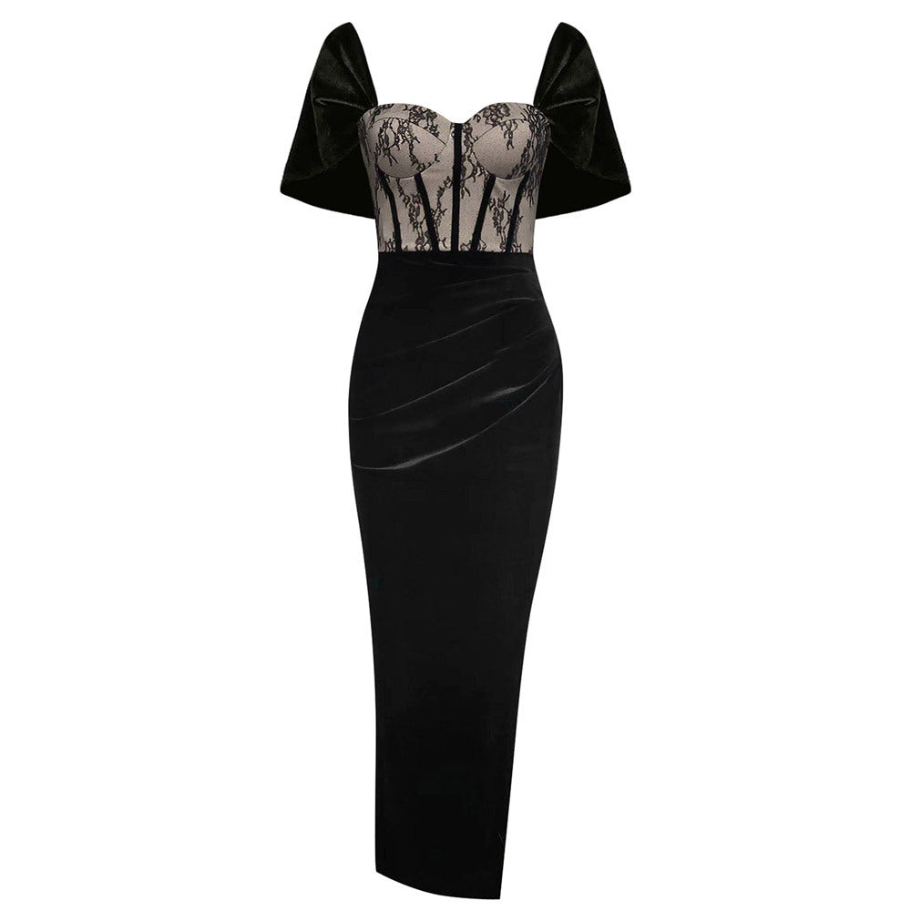 Elegant Lace Shawl Split Evening Maxi Dress