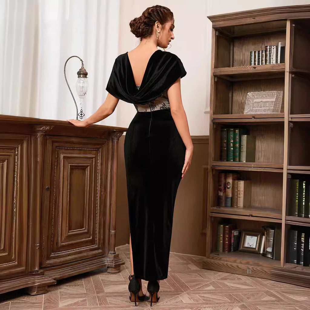 Elegant Lace Shawl Split Evening Maxi Dress