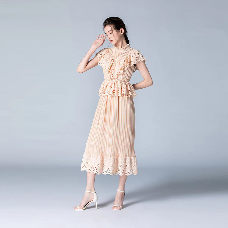 Embroidered Ruffle Detail Elegant Midi Dress