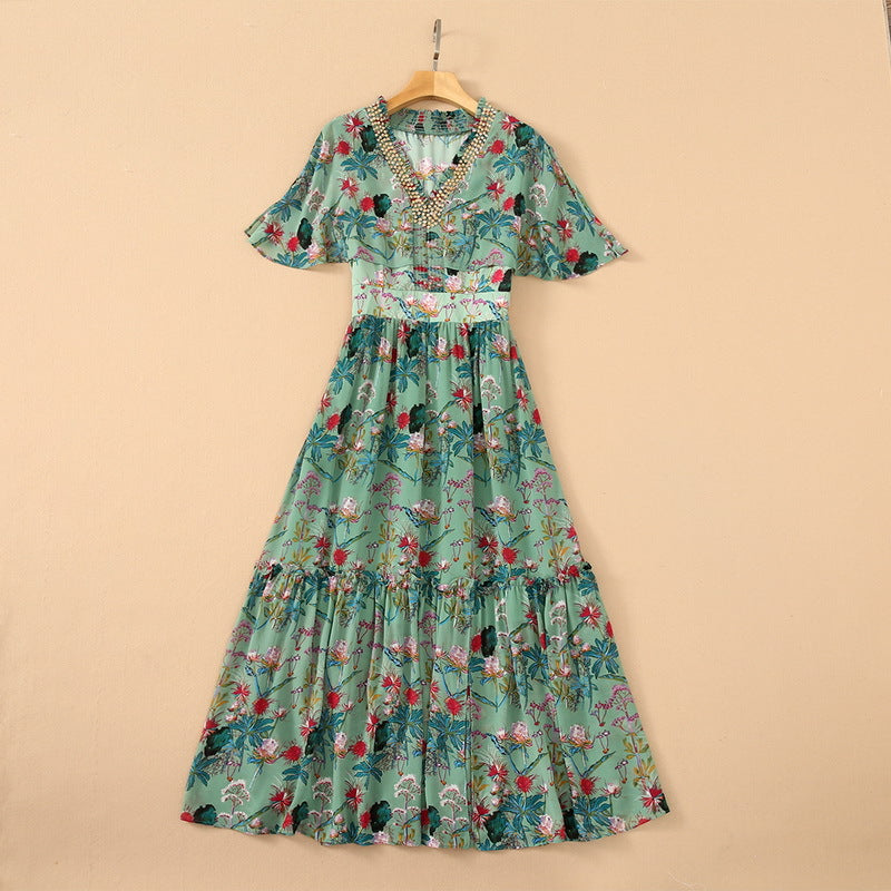 Emerald Elegance Beaded Chiffon Maxi Dress