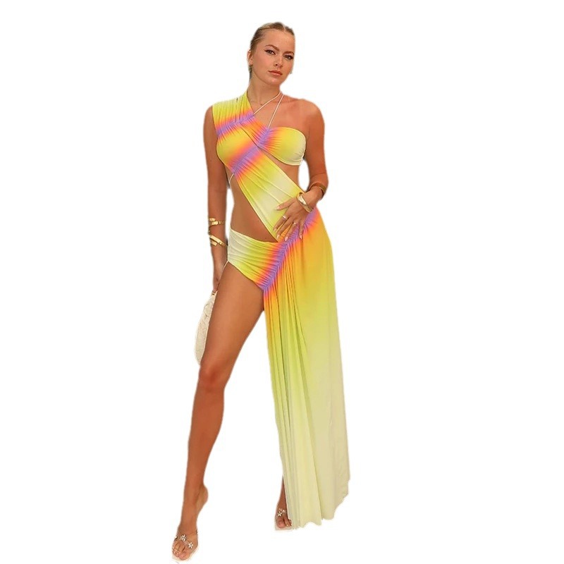 Gradient Backless Diagonal Neck Maxi Dress