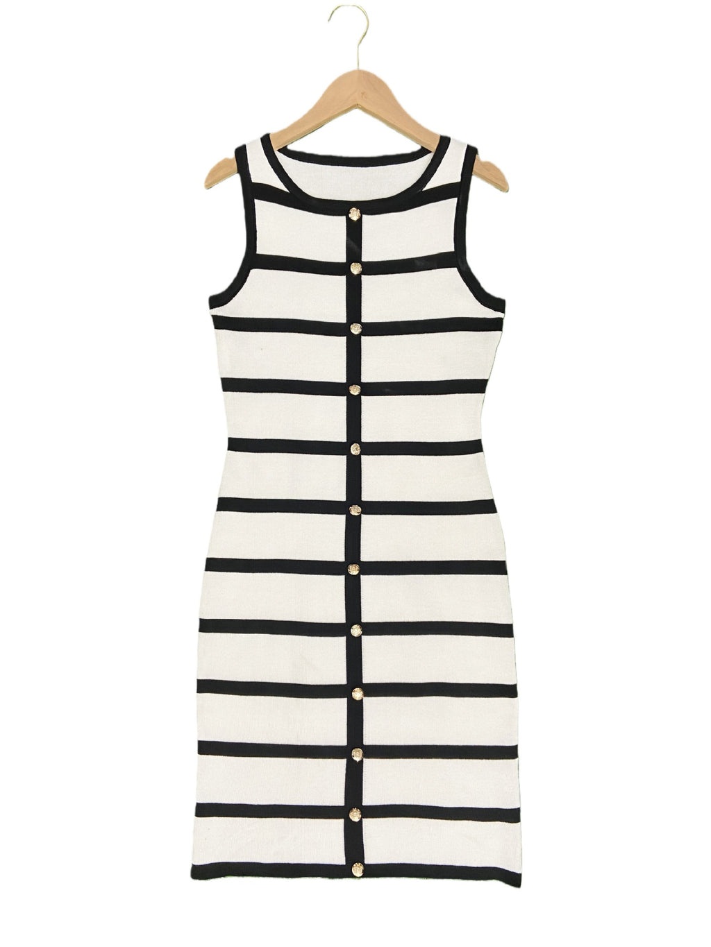 Contrast-color Striped Sleeveless Crew-neck Single-breasted Dress