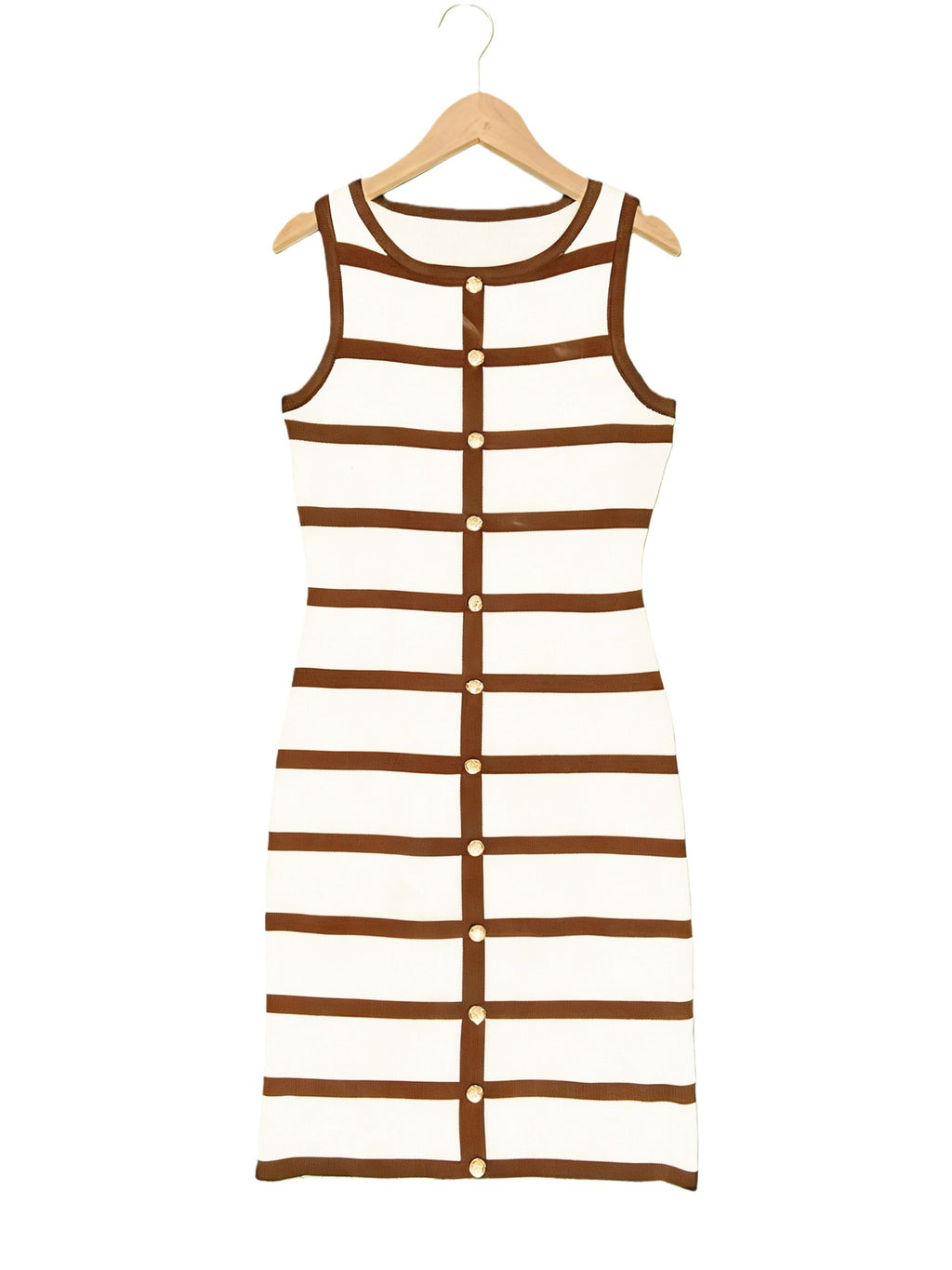 Contrast-color Striped Sleeveless Crew-neck Single-breasted Dress