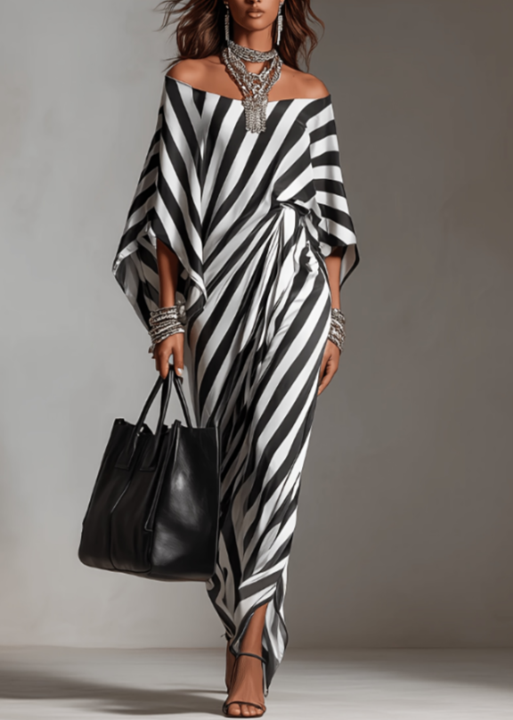 Monochrome One-Shoulder Batwing Maxi Dress