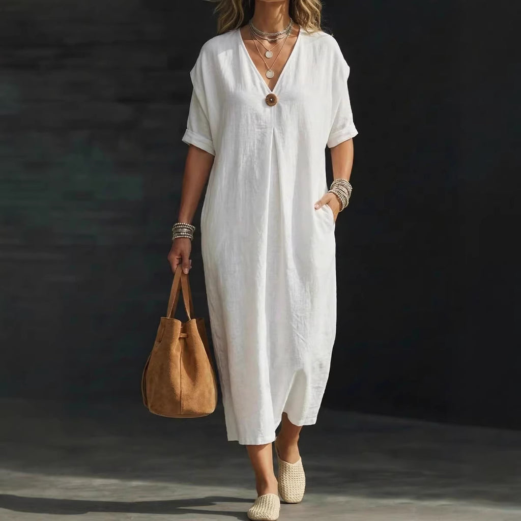 Relaxed Button-Front Cotton Linen Midi Dress
