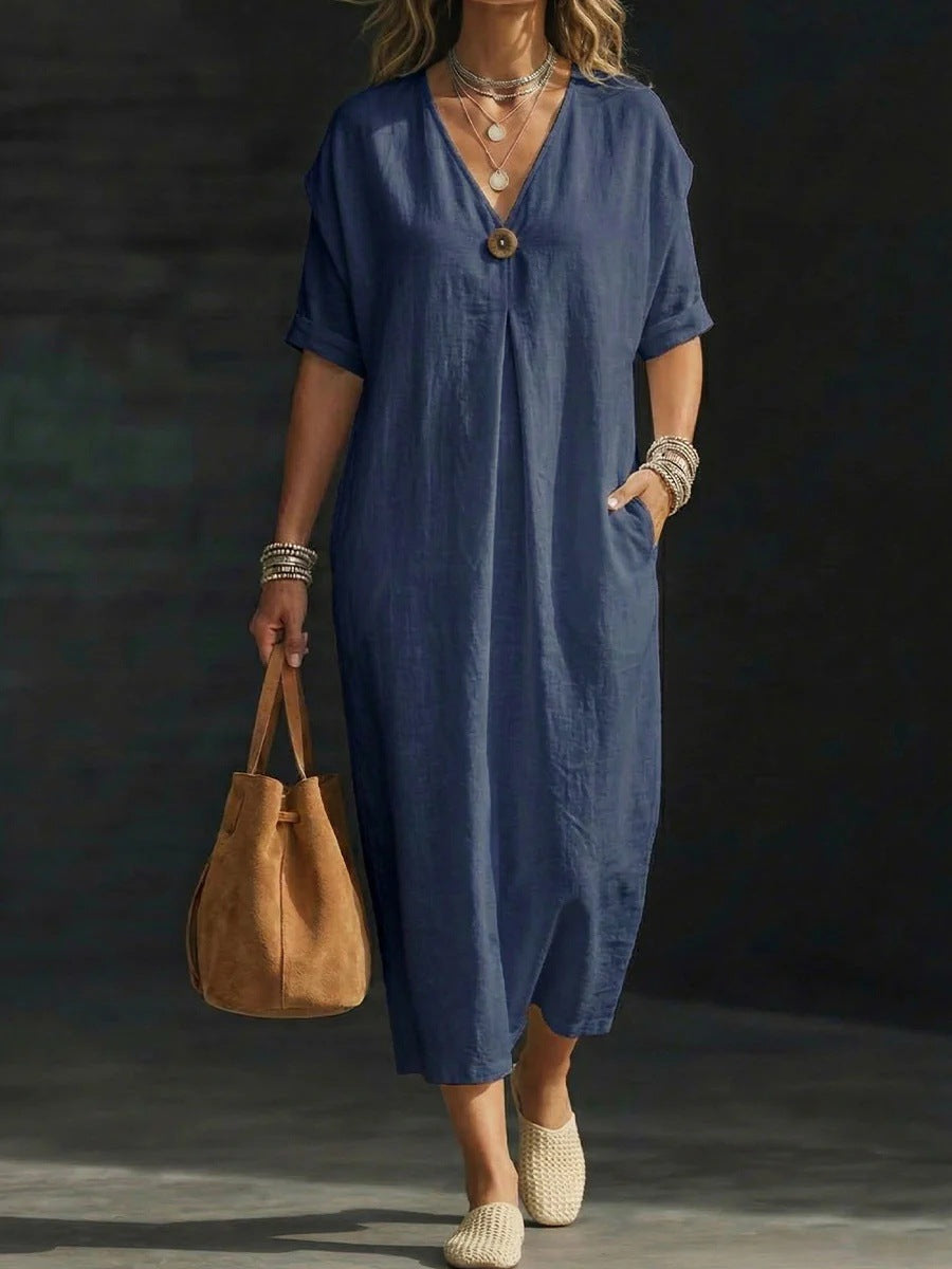 Relaxed Button-Front Cotton Linen Midi Dress