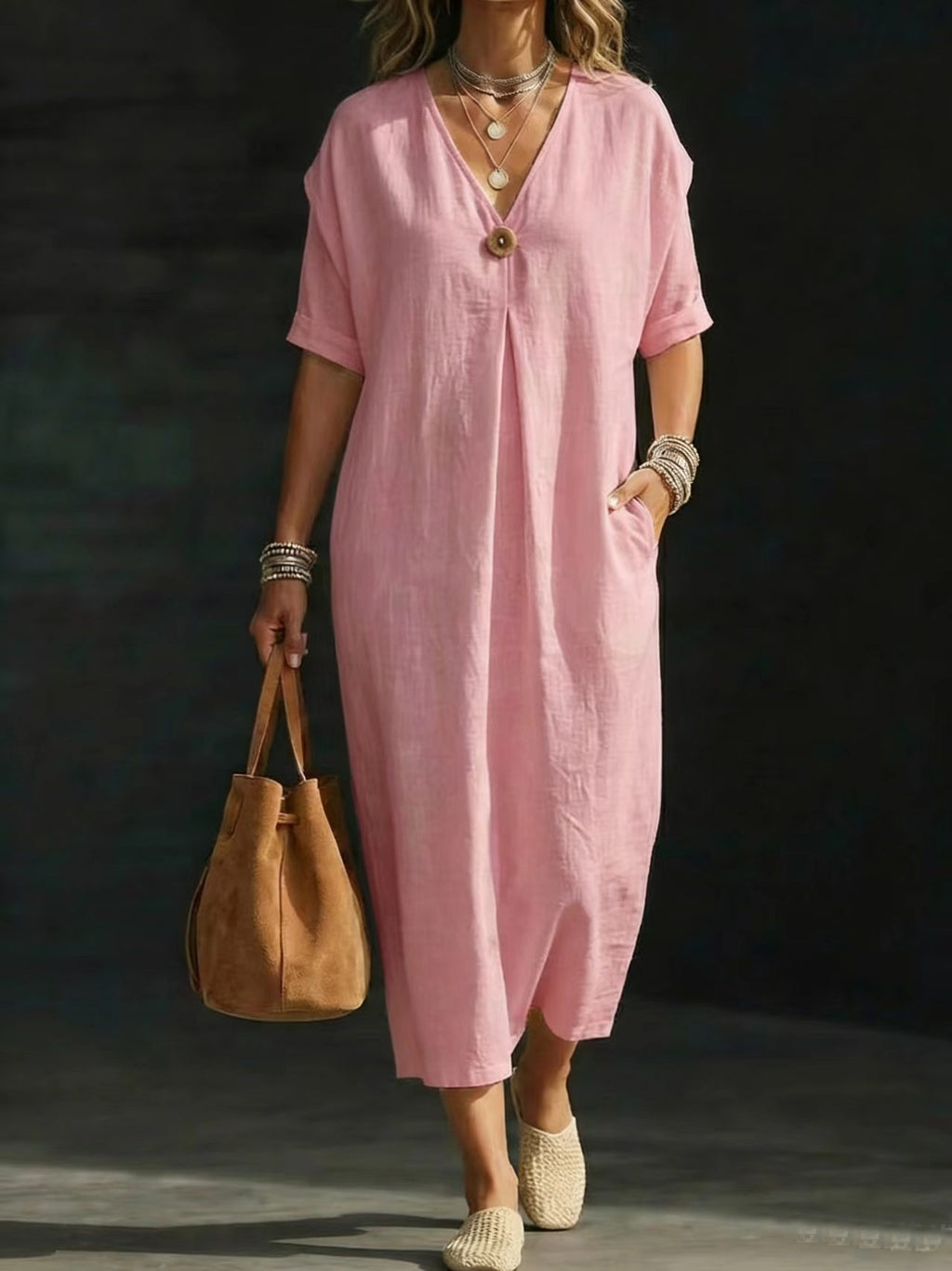 Relaxed Button-Front Cotton Linen Midi Dress