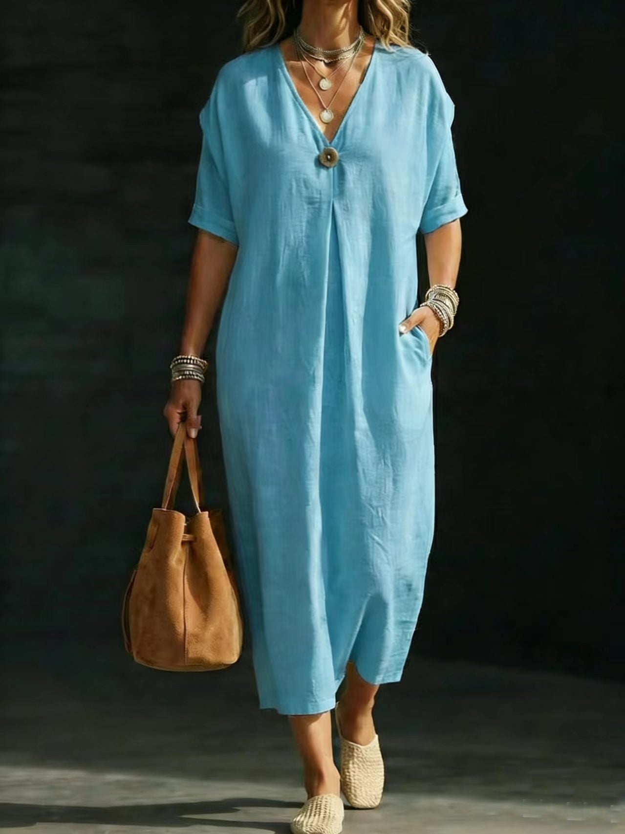 Women's V-neck Single-button Short-sleeve Dress