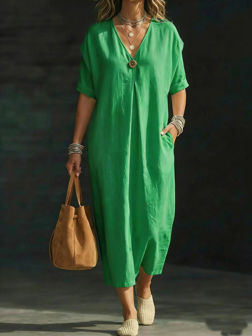 Relaxed Button-Front Cotton Linen Midi Dress