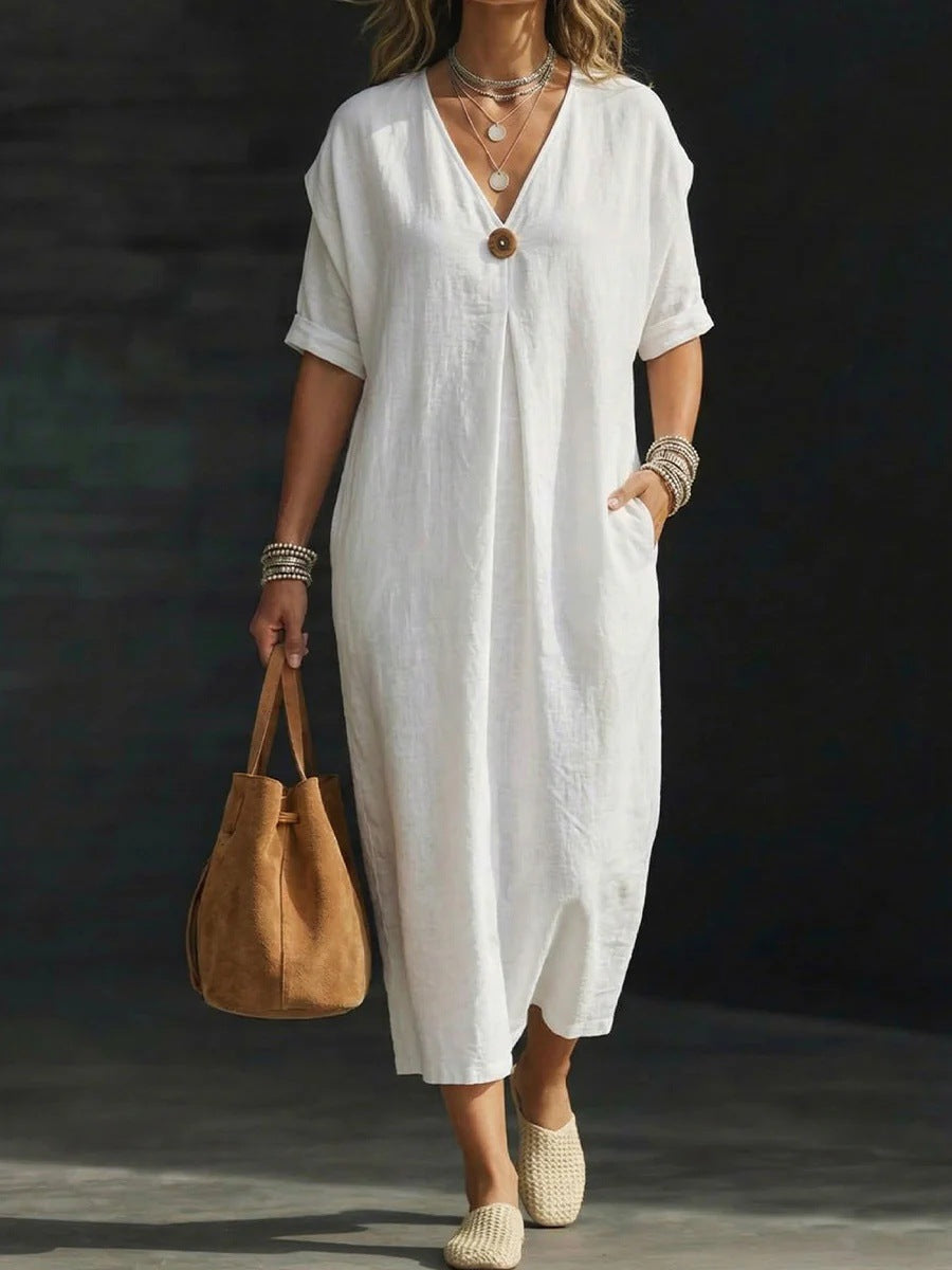 Relaxed Button-Front Cotton Linen Midi Dress