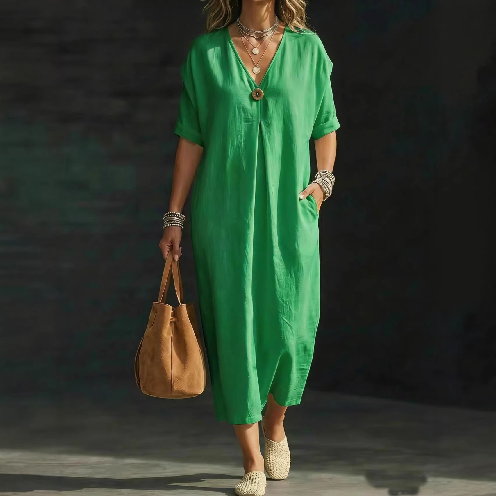 Women's V-neck Single-button Short-sleeve Dress