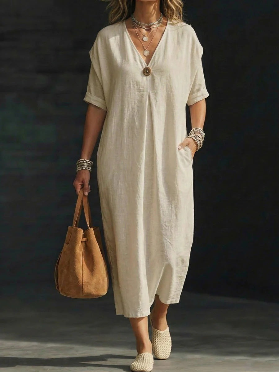 Relaxed Button-Front Cotton Linen Midi Dress