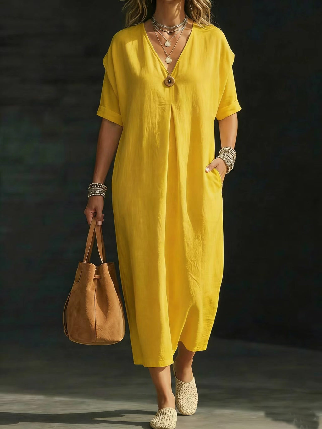 Relaxed Button-Front Cotton Linen Midi Dress