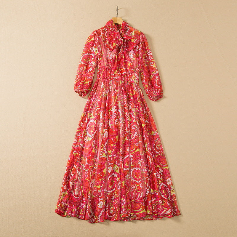 Romantic Tie-Neck Floral Chiffon Maxi Dress