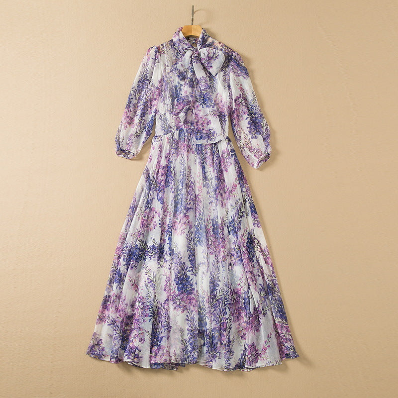 Romantic Tie-Neck Floral Chiffon Maxi Dress