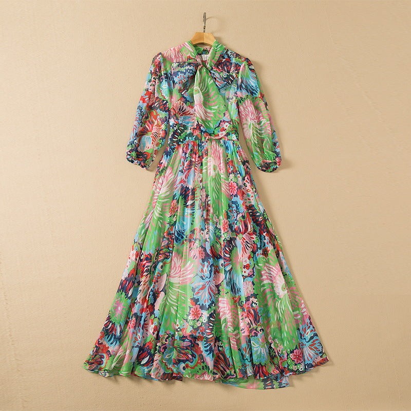 Chiffon Big Swing Tie-neck Floral Print Dress