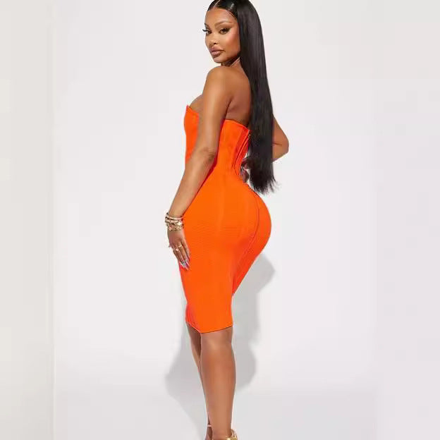 Solid Color Stretch Knitted Sleeveless Tube Top Dress